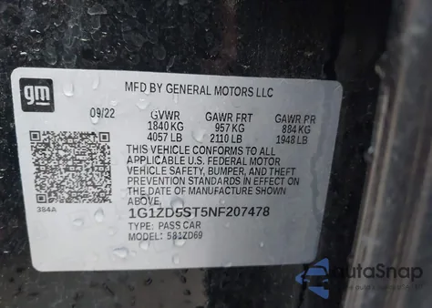 2022 Chevrolet Malibu Fwd Lt из США, поврежденный, VIN 1G1ZD5ST5NF207478